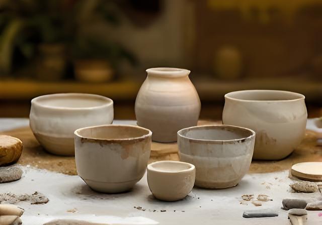 Frisch gebrannte Schalen, Becher und kleine Vasen auf einem Arbeitstisch neben Tonspuren