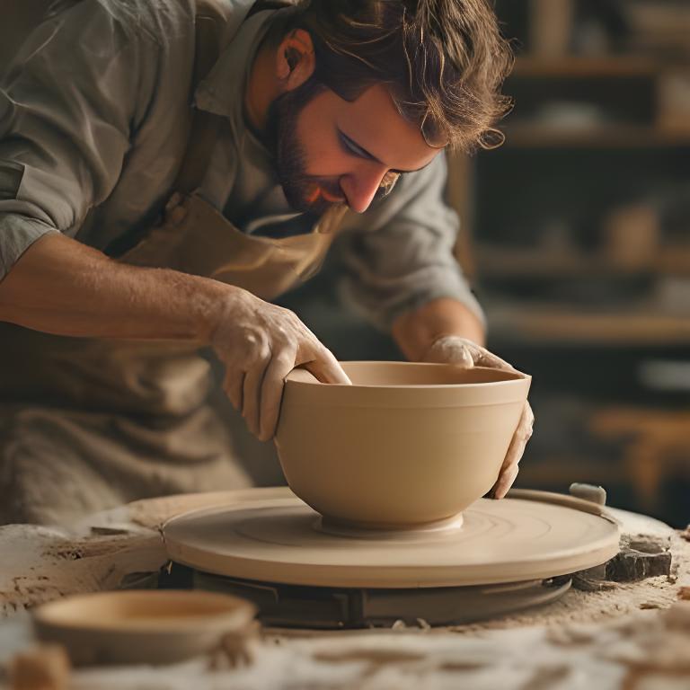 Patrick arbeitet an einer grossen Keramikschale in der Werkstatt mit Tonstaub und warmem Licht