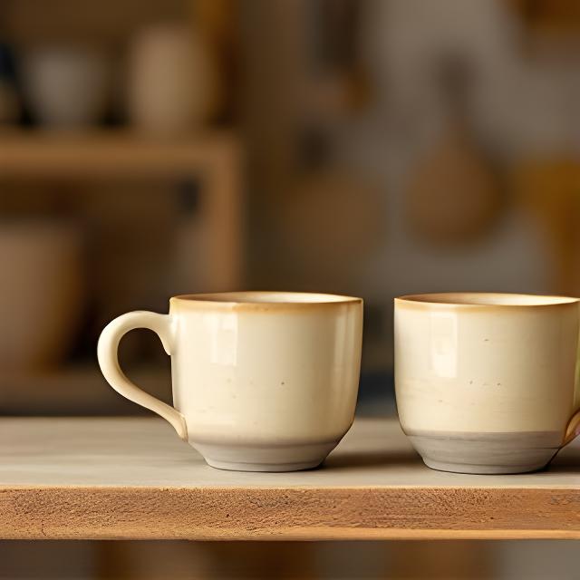 Pair of handmade ceramic mugs with soft beige glaze on a wooden shelf in a pottery studio