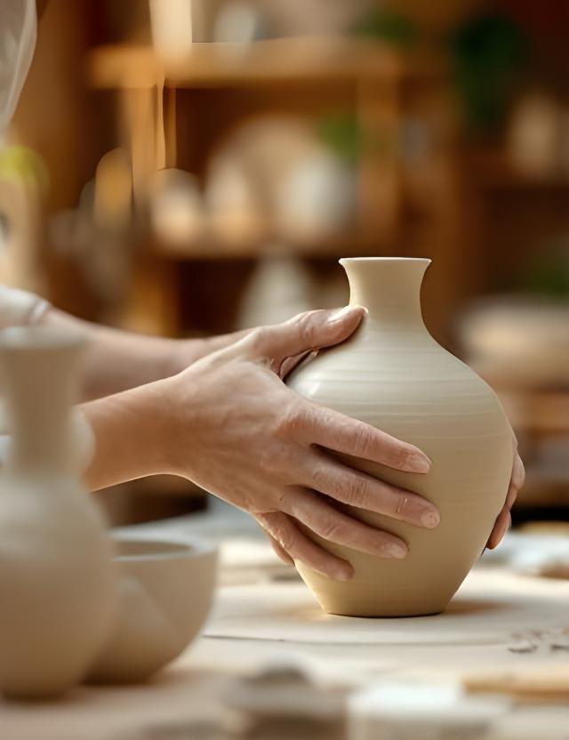 Keramikerin formt eine Vase im Atelier bei warmem Licht und offenen Regalen