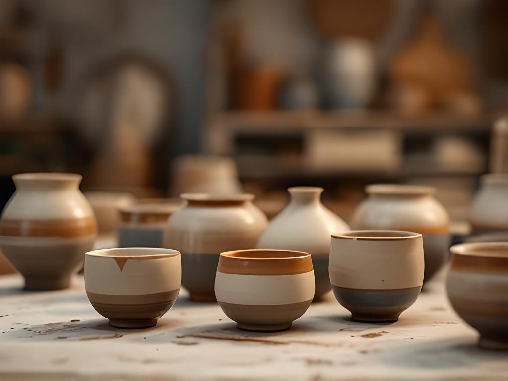 Dramatic still life of handcrafted ceramic vessels and cups arranged in a Zurich studio with warm side light
