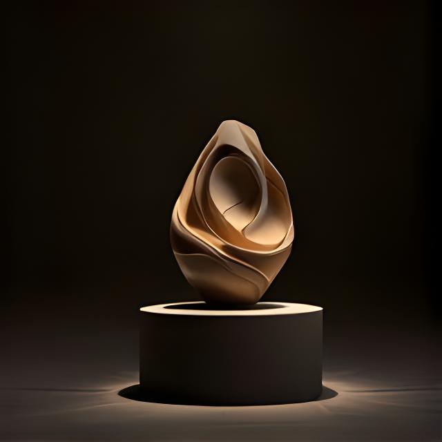 Abstract ceramic sculpture with layered textures displayed on a pedestal in warm gallery light