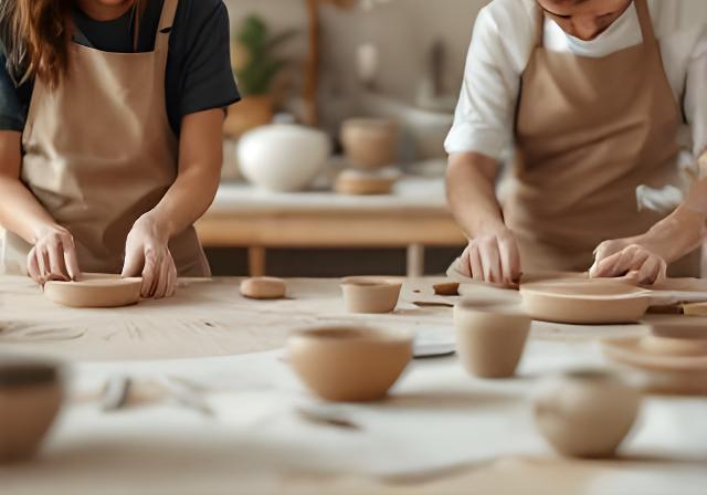 Gruppe von Kursteilnehmern arbeitet an Tonformen in einem hellen Atelier mit Werkzeugen
