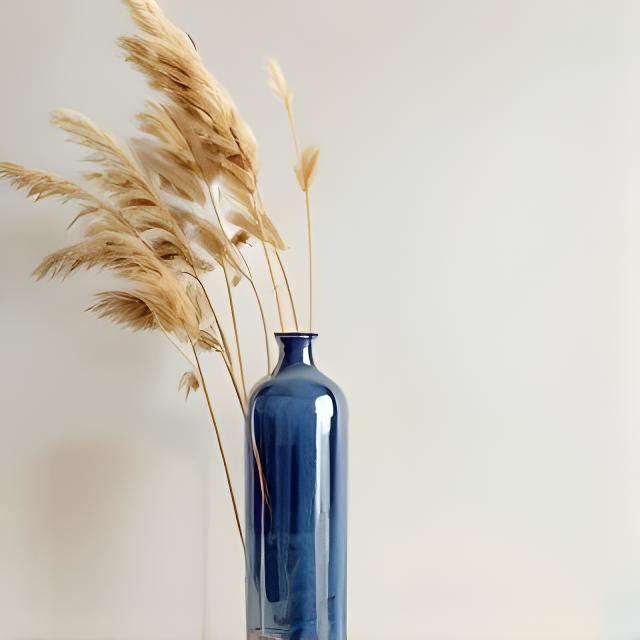 Tall ceramic vase with a deep blue glaze standing beside dried grasses in a minimalist studio