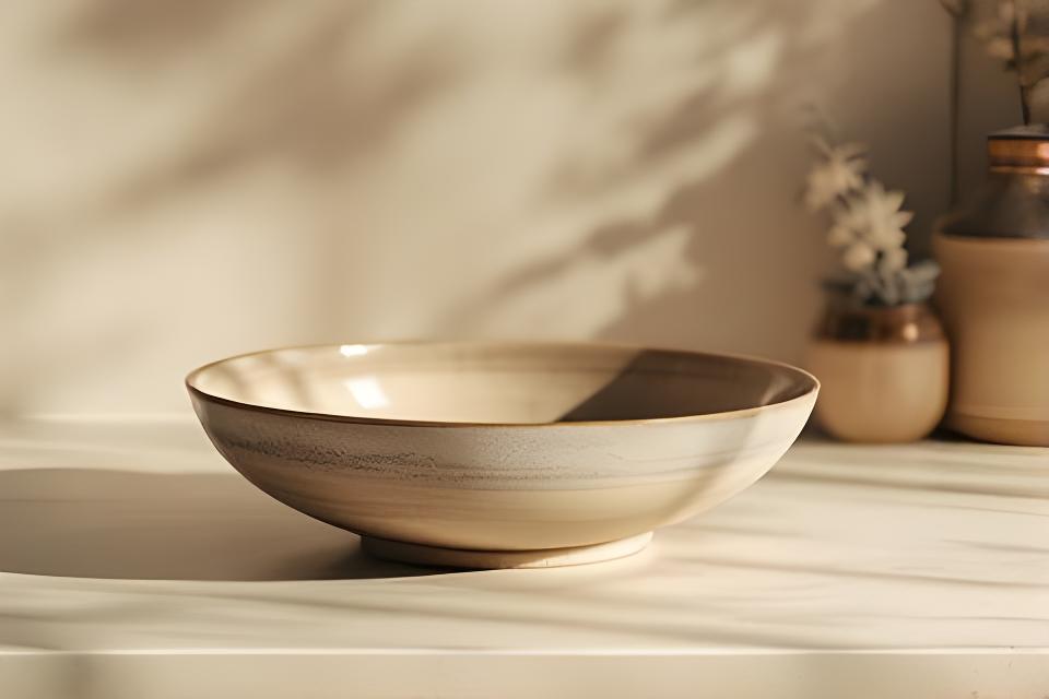 Large ceramic serving bowl with a hand-thrown rim and glossy glaze placed in a softly lit Zurich showroom
